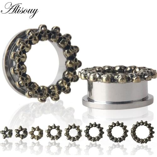 Alisouy 2pcs Fashion Skull Head Flower Steel Ear Gauges Plugs Flesh Tunnel Screw Ear Expanders Piercing for Women Body Jewelry
