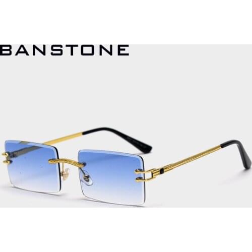 BANSTONE Women Rimless Sunglasses Vintage Small Rectangle Sun Glasses Trendy Square Glassess For Men Gold Brown UV400
