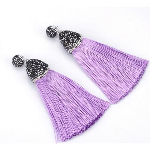 Bohemia Boho Purple Series Voilet Lilac SilkThick Tassel Black Rhinestone Cap Connector Studs Dangle Tassel Earrings For Women