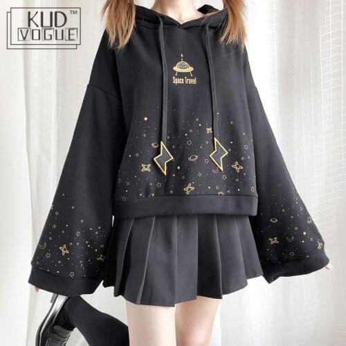 Oversized Hoodie Sweatshirt Harajuku Kawaii Autumn Black Flare Long Sleeve Thick Japanese Lolita Starry Sky Print SweatshirtGoth