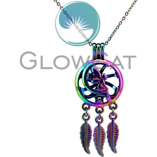 CC761 Rainbow Colors Angel Moon Dream Catcher Beads Cage Pendant Essential Oil Diffuser Pearl Cage Locket Necklace