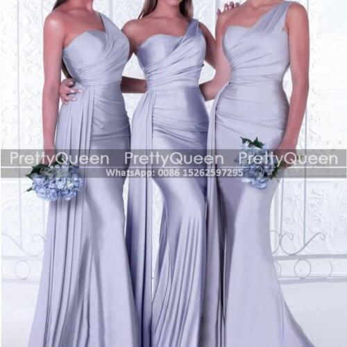 Silver Grey Bridesmaid Dresses Fashion Streamer Mermaid One Shoulder Sleeveless Floor Length Long Bridal Party Dress Formal