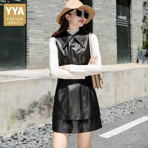 Elegant Lady Sheepskin Dress Spring Thin Office Sleeveless A-Line Dress Fashion Party Slim Genuine Leather Black Tank Dress