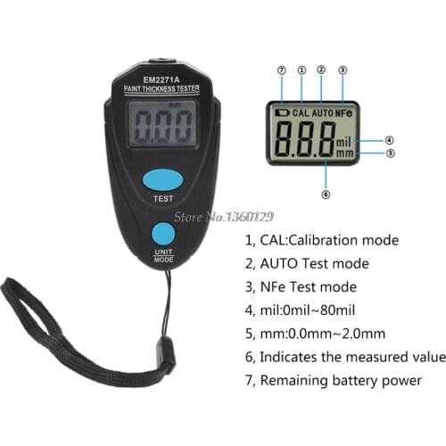 EM2271/EM2271A Mini LCD Digital Automobile Thickness Gauge Car Paint Tester Display Thickness Coating Meter Testing Instrument