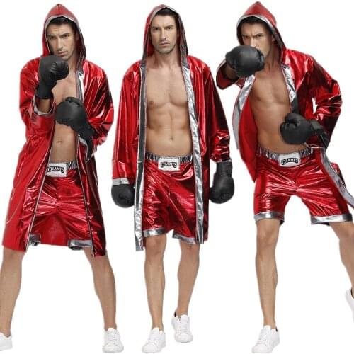 Mens Red Boxer Costume Hooded Cloak Robe Crop with Shorts Movie Boxing Robe Clothes Halloween Cosplay Uniform for Male