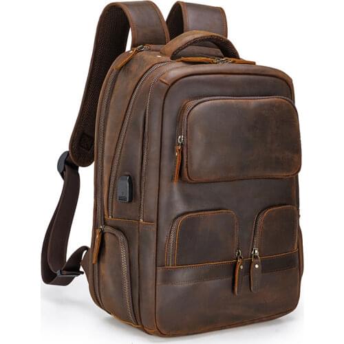 POOLOOS Leather Backpack of men male large capacity travel bag of mens outdoor bag with usb connect crazy horse leather bag