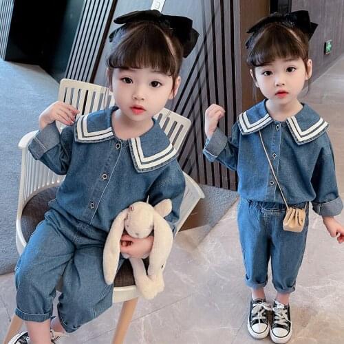 Girl Clothes Outfits Girls Denim Suit 2021 Spring Autumn New Navy Style Long-sleeved Top & Jeans Suit Sets Wholesale Clothing