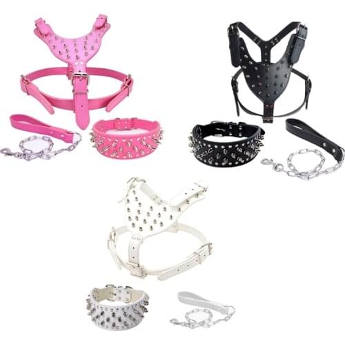 Soft Spiked Studded Leather Dog Walking Training Hiking Sports Harness Collar Chain Leash Set For Medium Large Dogs