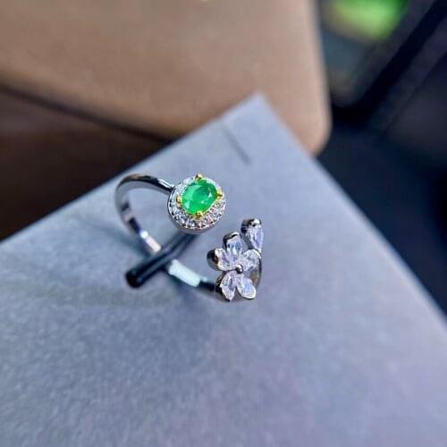 S925 silver Opening Natural green emerald gem ring natural gemstone ring Elegant flower round woman girl party gift jewelry