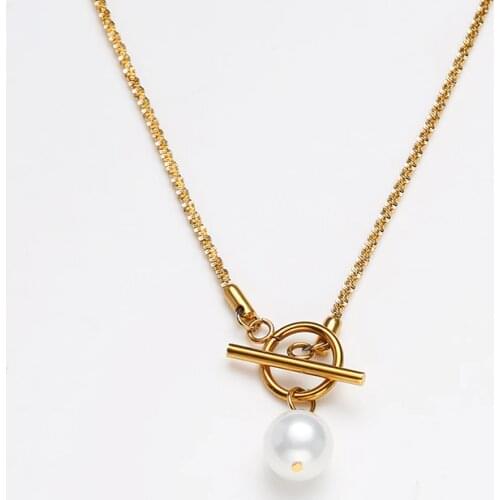 Natural Shell Pearl Necklace For Women Stainless Steel Chain Toggle Necklace Gold/Silver Color Metal Bling Chain Choker Collier