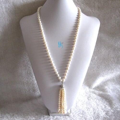 Natural 27" 6-9mm White AA Freshwater Pearl Necklace Tassel
