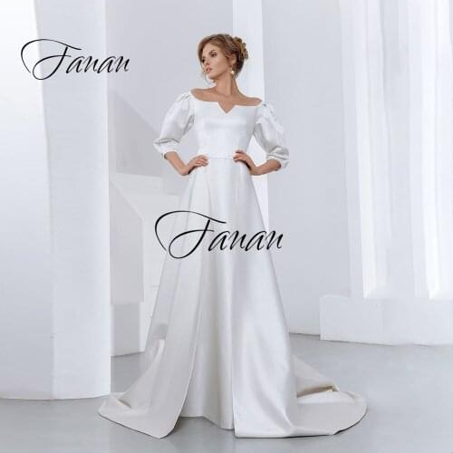 V-Neck Off-The Shoulder Three Quarter Sleeve Wedding Dresses Front High Split Simple Bridal Gown Свадебное платье