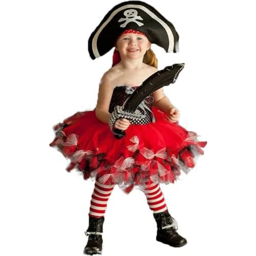 Fluffy Pirate Costume Girls Knee Length Bow Tulle Tutu Dress Girl Kids Lepin Pirates Role Play Halloween Dress Clothes with Hat