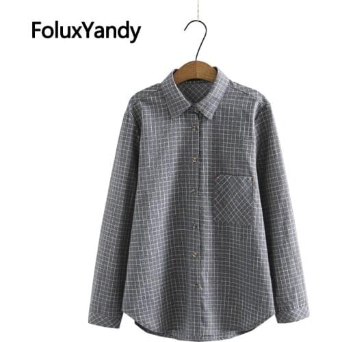 Plaid Long Sleeve Shirts Plus Size Women Blouse Casual Loose Turn-down Collar Shirts 3XL 4XL Chemise KKFY5659
