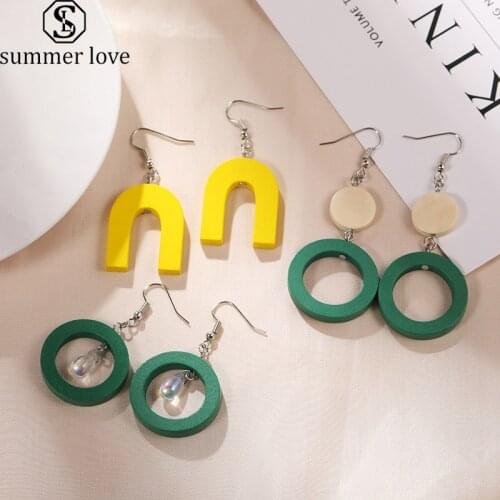Boho Yellow Green Round Geometric Wooden Earrings Trendy Dangle Korean Earrings for Women Kawaii Fruit Color Wood Jewelry