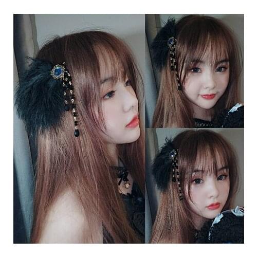 Dark Gothic little thing With black White Feather Brooch Hairpin Dual Purpose Hair Ornament Crystal Tassel Side Clip Cosplay