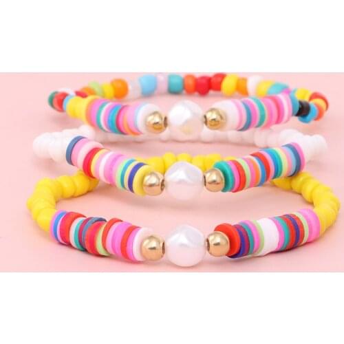 Handmade Jewelry Pearl Charm Bracelets Colorful Polymer Clay Heishi Disc Beaded Bracelet For Women Friends Gift Boho