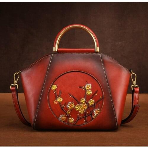 Real Cowhide Tote Handbag Female Bags Floral Pattern National Style Vintage Design Women Genuine Leather Messenger Shoulder Bag