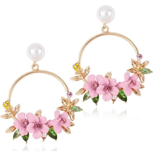 Imitation Pearl Flower Earrings Circle Leaf Alloy Pendant Earring For Women Pretty Girl Jewelry