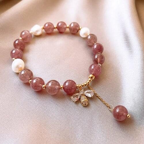 100% freshwater pearl Natural Strawberry crystal Charm Bracelets for women Jewelry gift