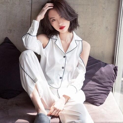 2020 womens Pajama suit with long sleeve turned tie pocket Pajama cute sexy Pajama button top + trousers pajama