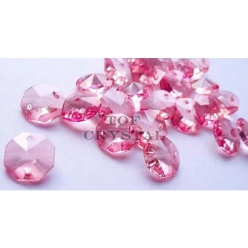 100Pcs 14MM Pink Glass Crystal Octagon Beads In 1 Hole/2Holes Freeshipping