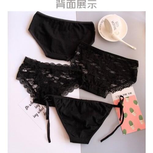 4pcs girl briefs Bowknot Lace Womens Panties Mid-Waist women Briefs Girls Black Lace Sexy underPants Queen woman underwear