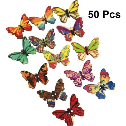 50 Pcs 25*18mm Wooden Buttons Painting 2 Holes Butterfly Random Mixed DIY Wood Button for Clothing Crafting Sewing