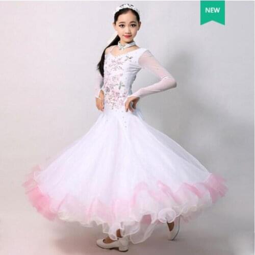 White Ballroom Competition Dance Dresses High Quality Long Sleeve Waltz Dancing Skirt Children Ballroom Group Dance Dress
