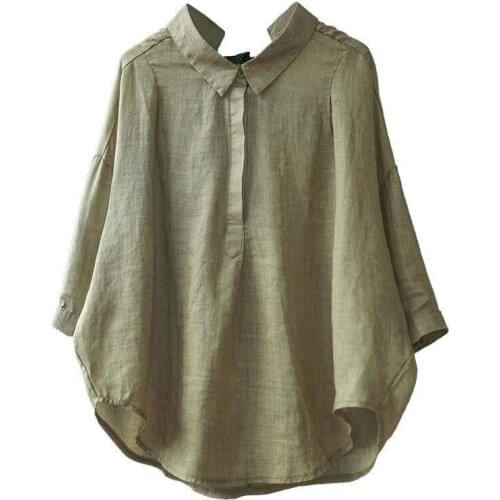 Casual Solid Cotton Linen Turn-Down Collar Vintage Blouses Femme Summer New Arts Style Women Back Lacing Loose Shirt