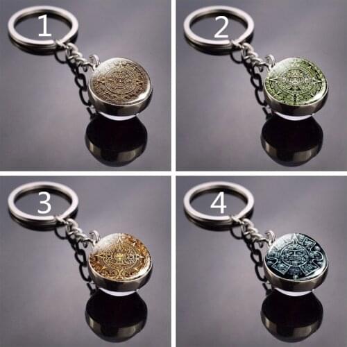 Aztec Jewelry Aztec Calendar Mexican Key Chain Engraved SilverColour Keychain Glass Ball Keyring Mayan Calendar Car Keychain