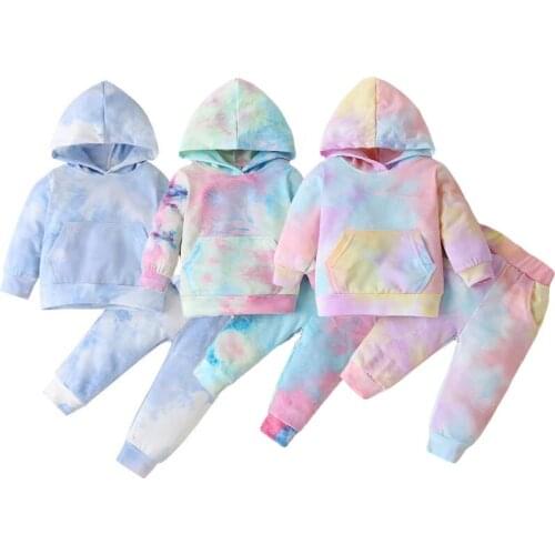 2Pcs Childrens Clothing Autumn Tied-Dye Hooded Sweatshirt Trousers Outfit Unisex Long Sleeve Sets Girls Boys Clothes Suit