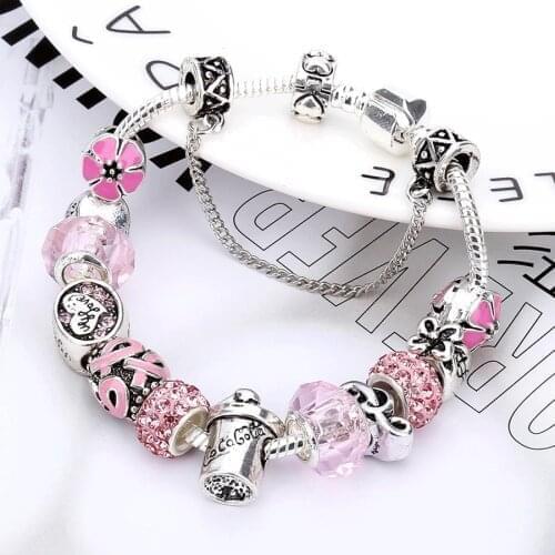 HPXmas Trendy DIY Beads Cola Bottle Bracelet For Women Pink Crystal Charm Silver Color Bracelet Snake Chain Charm Bangle Jewelry