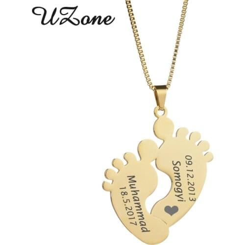 UZone Customized Baby Feet Necklace Stainless Steel Engraved Name Date Necklace For MoM Child Jewelry