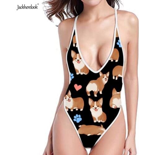 Jackherelook Cartoon Corgi 3D Pattern One Pieces Swimwear Halter Off Shoulder Beach Bikinis Set for Women Deep V Sexy Swimsuits