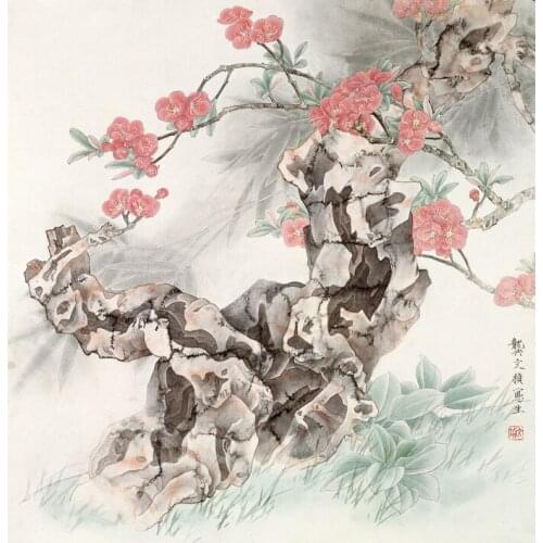 Chinese classical red plum tree stone scenery oil painting canvas printings printed on canvas wall art decoration picture