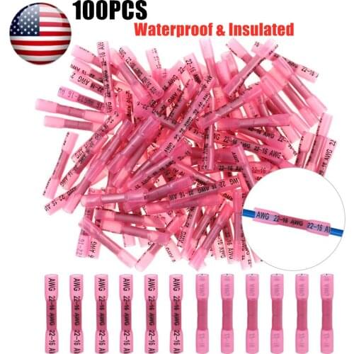 100PCS Red Heat Shrink Connectors Insulated Waterproof Crimp Terminals Seal Butt Electrical Wire Connector Kit