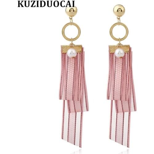 Kuziduocai New ! Fashion Trend Fine Jewelry Pentagram Star Pearl Circle Lace Ribbon JewelryTassel Stud Earrings For Women E-1110