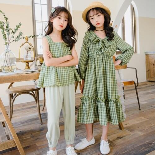 2020 Summer Korea style Girls Tops Sets Green Plaid Teenage Girls Casual Suits Sleeveless Tees + Long Pants Girls Outfit