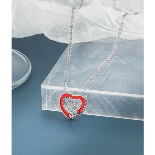 Fashion Womens S925 Silver Platinum Plated Red Glaze Heart Pendant Personalized Necklaces XZ274