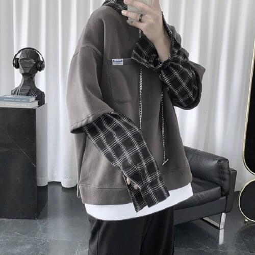 Mens Hoodie Autumn Korean Plaid Top Loose Couple Clothes Men Fake Two Sweaters Student Pullover Sweatshirt Japanese Streetwear