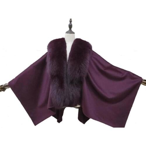 Real Cashmere and Wool Capes Best Real Whole Fox Fur Collar Shawl Wraps For Women Party Dinner