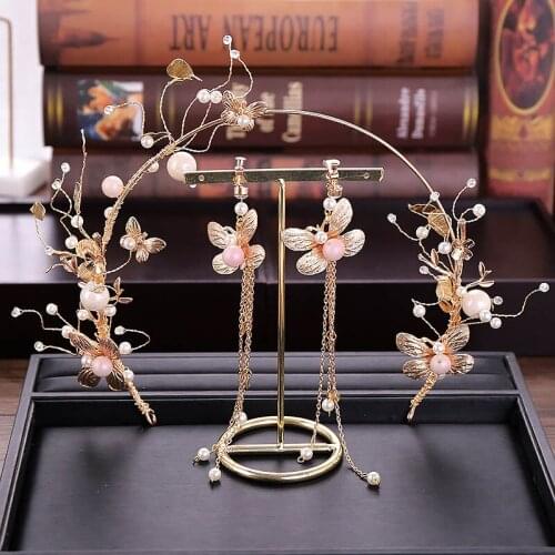 New Crown Korean Style Butterfly Crown and Earrings Wedding Dress Hair Accessories Bridal Ornaments Hoop BN