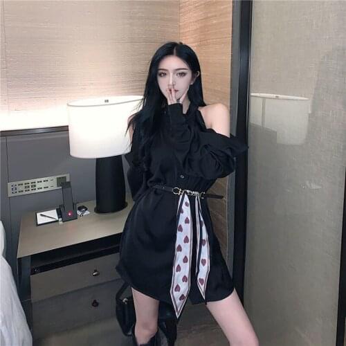 Autumn French Style Off-shoulder Design, Sexy, Shirt, Waist, Slim, Dress, Belt
