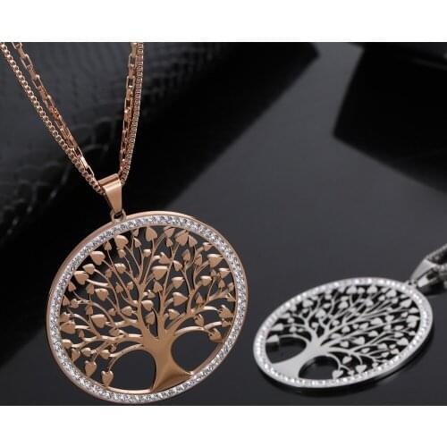 Stainless Steel Tree Of Life Pendant Necklace For Women Sweater Chains Big Round Charm Long Necklace Fashion Party Jewelry Gifts
