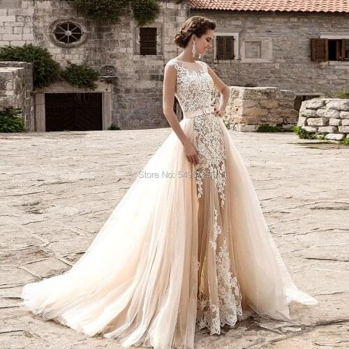 2021 Custom Made Mermaid Wedding Dresses With Detachable Train Vestido De Novia Ivory Appliques Champagne 2 In 1 Wedding Gowns