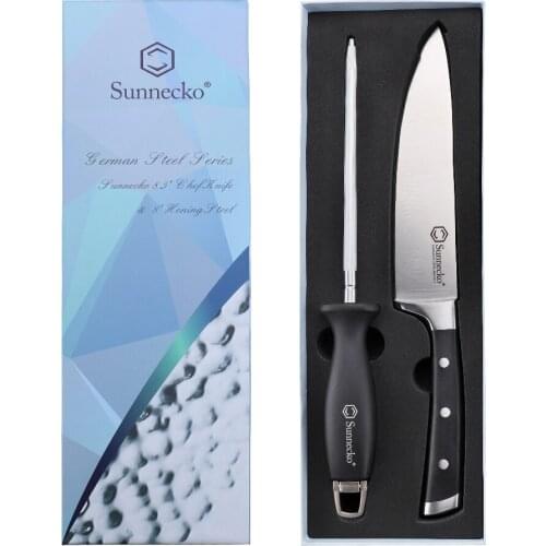 SUNNECKO Professional 8'' Chef Knife German 1.4116 Steel Sharp Blade Black ABS Handle Knife Sharpener 2PCS Kitchen Knives Set
