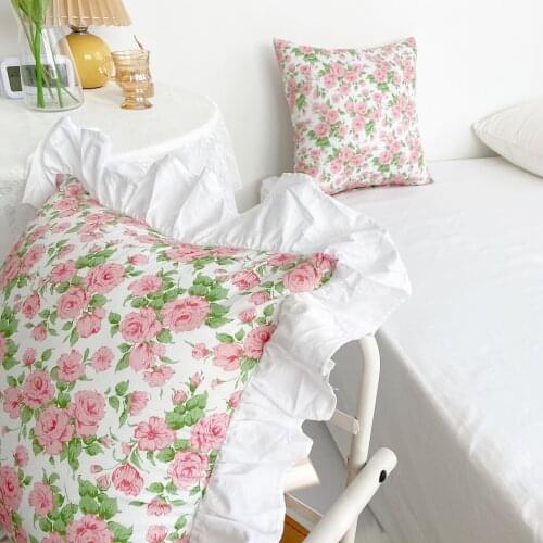Simple fresh pink flowers printed cushion cover cotton throw pillow case deocative frill lace pillow cover