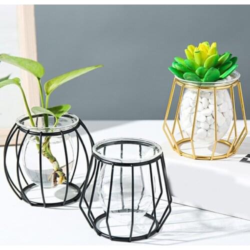 Nordic Creative Vase Home Decor Golden Glass Vase Hydroponic Plant Holder Iron Line Flowers Ornament Home Garden Decoration Hot