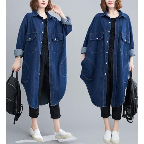 Plus Size Women Pocket Jean Trench Coat Oversized 2021 New Spring Autumn Casual Denim Jacket Loose Outerwear Female Overcoat